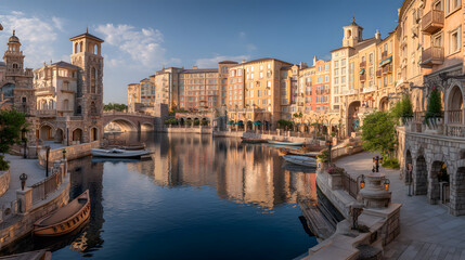 Obraz premium Ultra-detailed panoramic photograph of a Mediterranean-style architecture waterfront scene at sunrise