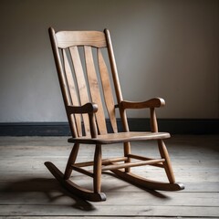 A classic wooden rocking chair with armrests stands empty in a quiet, softly lit room.