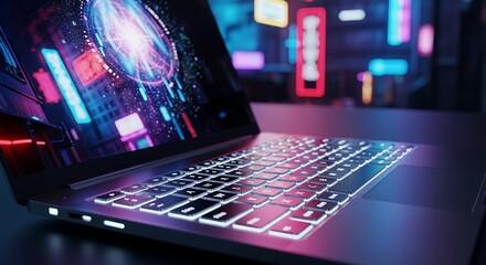 Futuristic Laptop with Neon Keyboard and Cyberpunk Cityscape Display.