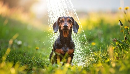 A dachshund dog enjoys a refreshing outdoor shower