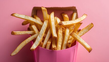 A close-up of golden french fries overflowing from a pink cardboard container on a matching pink background.