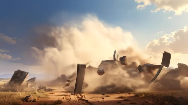 Depiction of Implosion: A House Disintegrates into Dust in the Desert Landscape