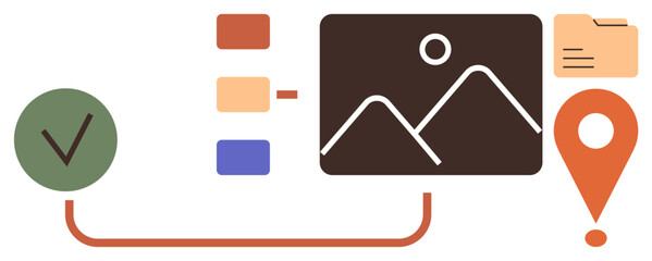 Flowchart with checkmark, colorful options, image preview, folder, and a location pin. Ideal for project management, workflow, organization, planning navigation categorization simple flat metaphor