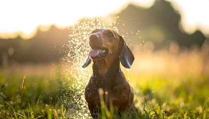 A dachshund dog plays in a field at sunset, covered in water spray
