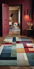 A vibrant, geometric rug with a bold color palette, perfectly placed in a spacious, elegant interior.