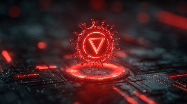 Futuristic Red Chakra Symbol Glowing on Cyberpunk Circuit Board, Digital Art.