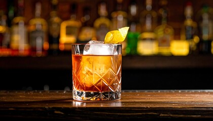 A dark amber cocktail on a bar