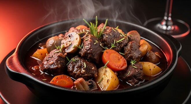 Andorran wild boar civet isolated in a rustic bowl, stew with vegetables and wine
