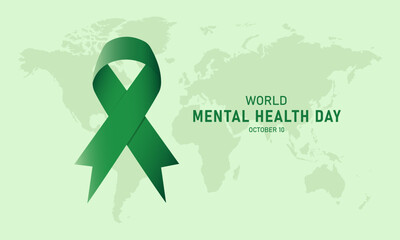 World Mental Health Day vector design template with Green ribbon and world map elements