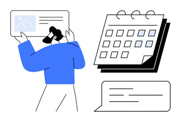 Person managing tasks with a document and calendar. Speech bubble adds communication. Ideal for planning, productivity, time management, teamwork, organization, scheduling, and project execution