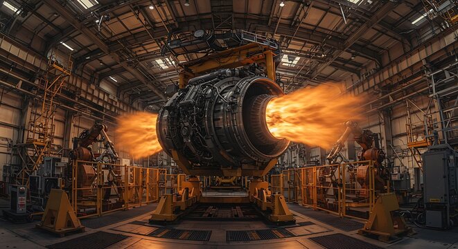 Dynamic display of raw power during a critical engine performance test within a sophisticated industrial facility, where advanced engineering ignites cutting-edge propulsion technology for the future