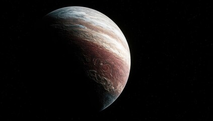 A detailed and colorful depiction of a distant, alien planet against a dark space background.