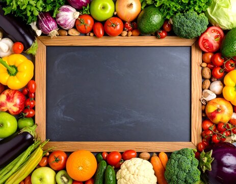Colorful fruit and vegetable border around a chalkboard - Powered by Adobe