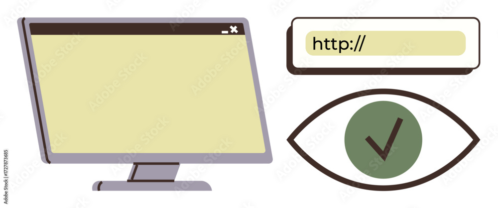 Poster computer monitor, url bar, and checkmark inside an eye outline emphasize validation, accessibility, 