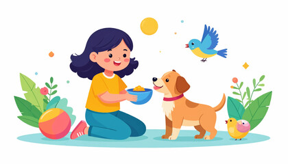 A Happy Girl Feeding Her Adorable Dog Outdoors Surrounded by Nature and a Bird