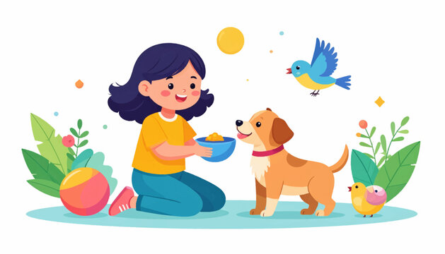 A Happy Girl Feeding Her Adorable Dog Outdoors Surrounded by Nature and a Bird