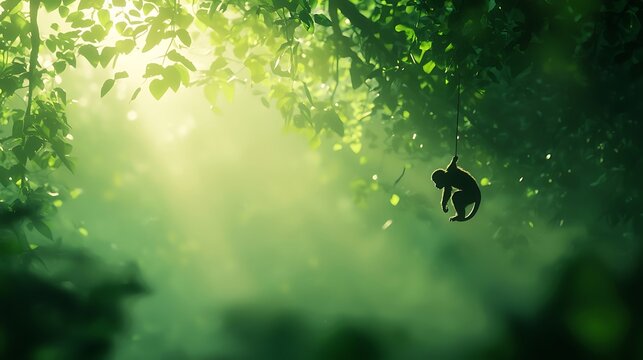 A lone monkey swings from a vine in a lush, sundappled jungle
