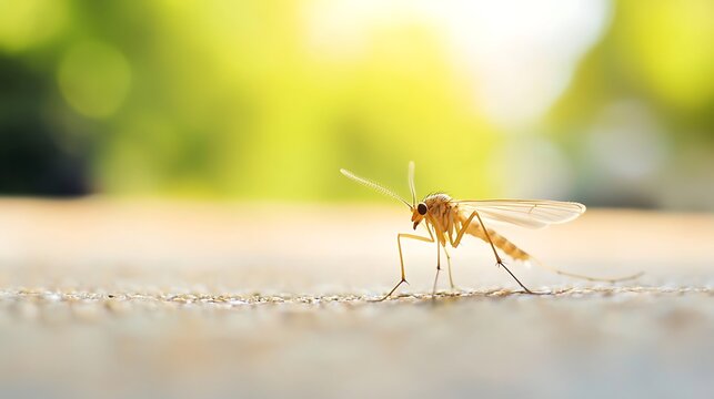 A mosquito rests on a textured surface in the warm sunlight, with a blurred green background