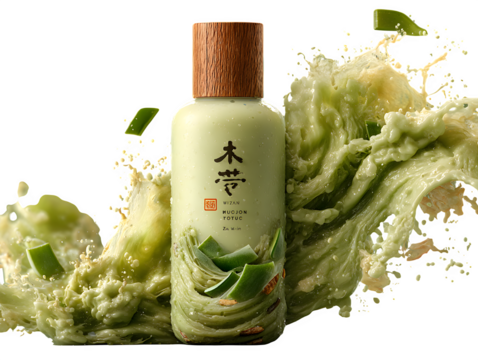 3D aloe matcha fusion tonic with floating green wave and geometric cap design, zen wellness branding, isolated on transparent background with no shadow