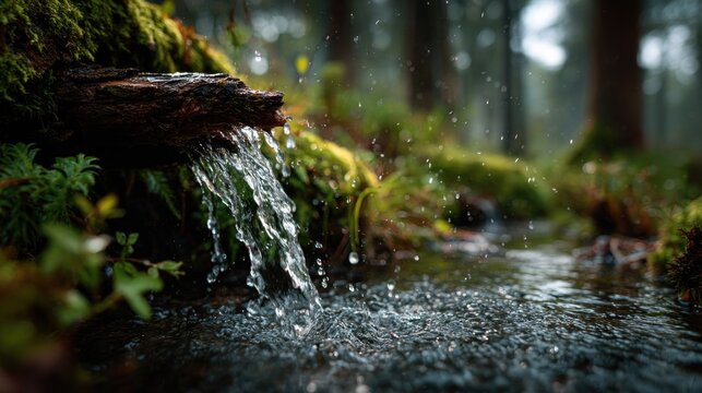 Serene forest stream with mossy log and flowing water scenery landscape - Powered by Adobe