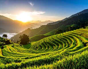 Fototapeta premium Lush terraced rice paddies at sunrise