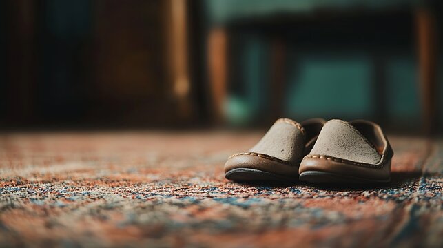 A pair of comfortable brown slippers resting on a patterned carpet