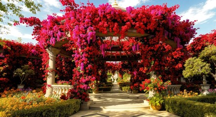 Beautiful garden with vibrant red flowers.