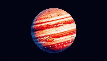 A vibrant depiction of Jupiter, showcasing its swirling, colorful bands against a deep black backdrop.
