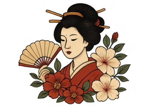 Japanese woman holding fan surrounded by flowers illustration