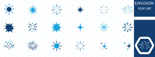 Vintage sunburst in different shapes. Explosion, firework, sparks, shine, twinkle, sun rays. Trendy bursting rays design 