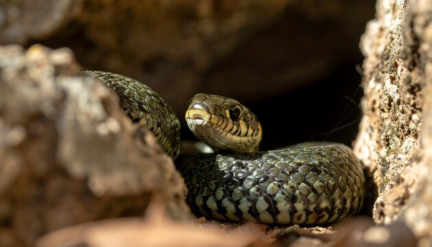 Close-up of a snake in a rocky crevice