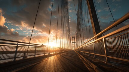 Obraz premium Majestic Suspension Bridge Illuminated by Dramatic Golden Sunset, Leading Towards Distant Towers.