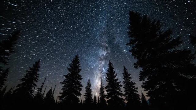 Dynamic TimeLapse of the Milky Way and Star Trails Rotating Over a Pine Forest.