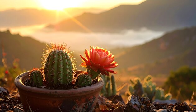 Cactus flower at sunrise over mountains