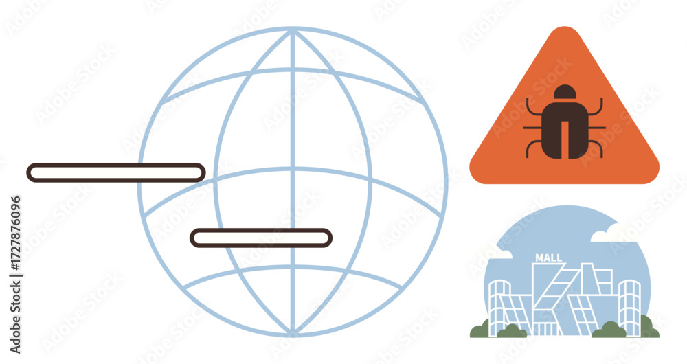 Poster globe with parallel lines, triangular bug warning sign, and mall skyline highlight digital threats. 