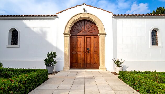 A bright exterior captures a grand wooden doorway beneath an arched entryway, framed by a white building and neatly trimmed hedges - Powered by Adobe