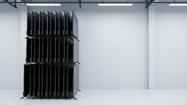Dynamic Motion Blur Animation of Countless TVs Stacking in a Minimalist White Studio.