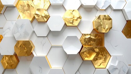 Abstract geometric pattern of white and gold hexagons (2)