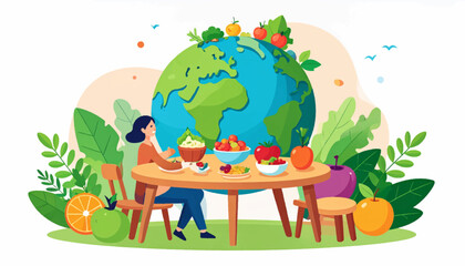 Nourishing Planet A Woman Enjoys a Healthy Meal Surrounded by Fresh Produce and Lush Greenery with Earth in the Background