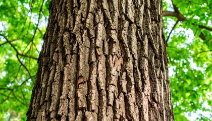 Obraz premium Close-up of a tree trunk's bark. Lush green foliage surrounds