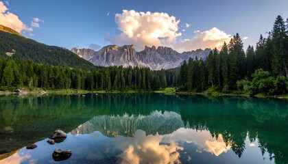 Calm alpine lake reflecting mountains