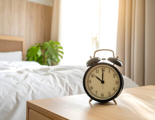Naklejka premium Classic Alarm Clock on Wooden Nightstand in Cozy Bedroom Setting