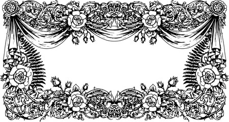 Elegant vintage floral frame with roses and ornate scrollwork, perfect for invitations or luxury branding. silhouette and cutout removed background