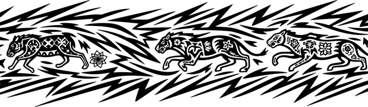 Dynamic tribal tiger and leopard border design with floral patterns and lightning strikes silhouette and cutout removed background