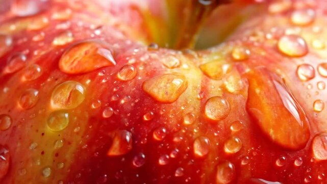 Close-up of a juicy red apple with water droplets, freshness in detail