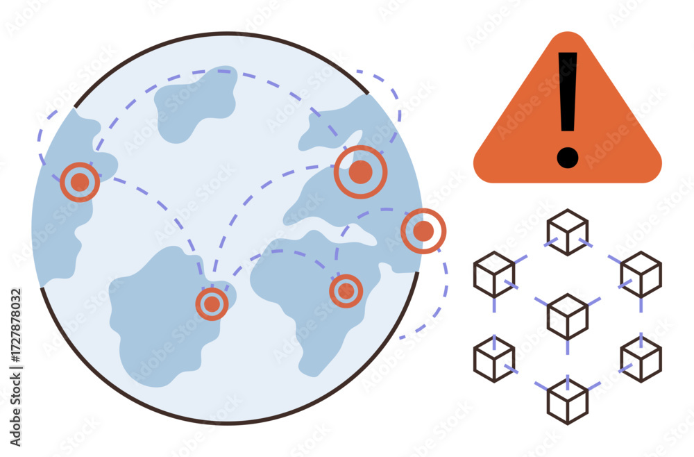Poster earth with marked locations connected by dotted lines, blockchain cubes, and warning sign. ideal for