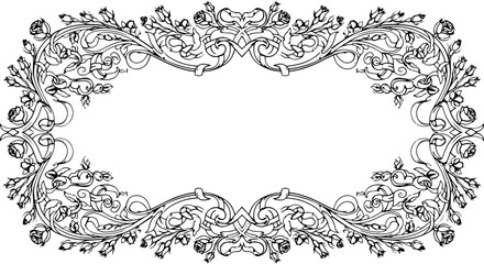 Elegant floral border design with delicate roses and swirling ribbons for invitations and ornate decoration silhouette and cutout removed background