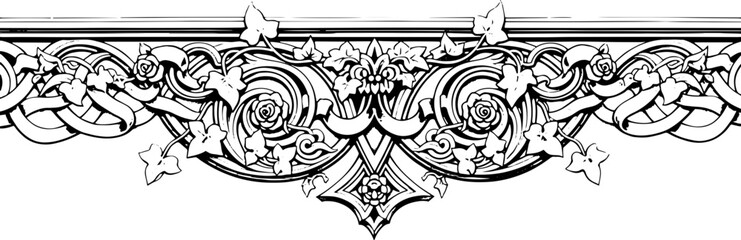 Fototapeta premium Elegant black and white ornate floral border with roses and ivy, intricate scrollwork detail silhouette and cutout removed background