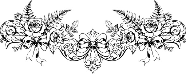 Elegant ornamental flourish with roses, ferns, and bows, perfect for vintage designs and luxury branding silhouette and cutout removed background