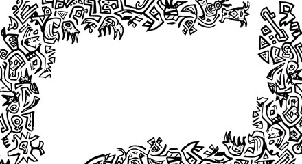 Whimsical black and white abstract border design with tribal motifs and playful creatures silhouette and cutout removed background